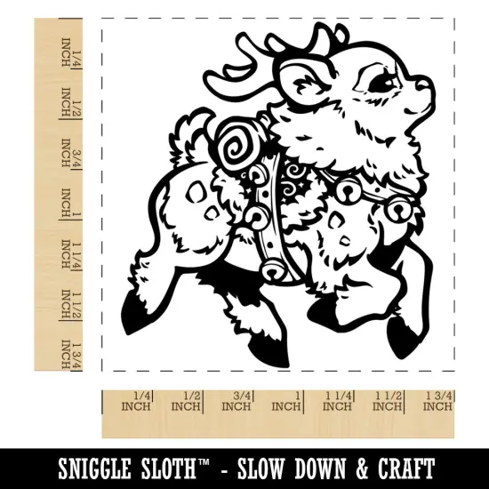 Festive Prancing Holiday Christmas Reindeer with Bells Square Rubber Stamp for Stamping Crafting {1}