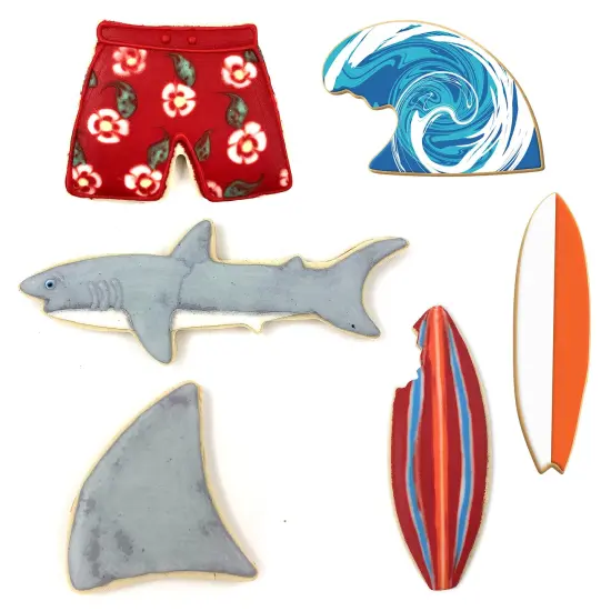 CookieCutter.Com - Surfs Up Cookie Cutter 6 Pc Set – 5.75 in Shark, 3.5 in Shark Fin, 5 in Surfboard, 5 in Surfboard with Bite, 3.5 in Swimming Trunks, 4.25 in Wave {3}