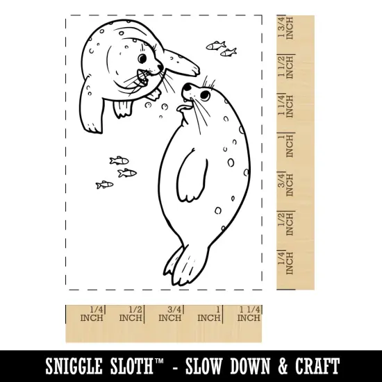Playful Pair of Spotted Seals Rectangle Rubber Stamp for Stamping Crafting {1}