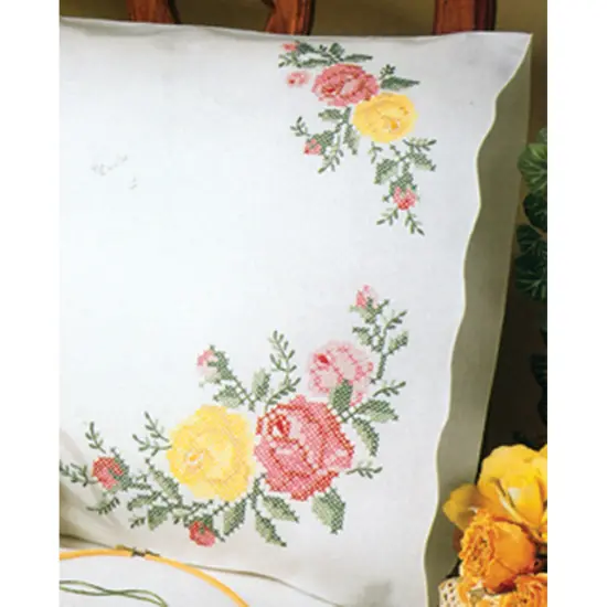 Tobin Stamped For Embroidery Pillowcase Pair 20"X30"-Rose Classic {2}