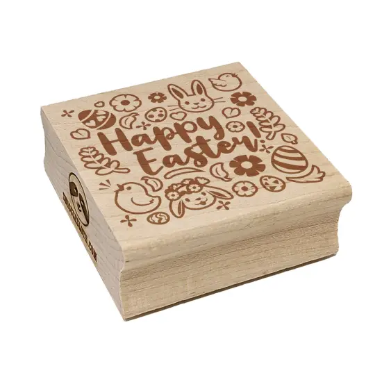 Happy Easter with Bunny Chicks Flowers and Eggs Square Rubber Stamp for Stamping Crafting {7}