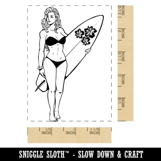Surfer Woman Beach Surf Board Rectangle Rubber Stamp for Stamping Crafting {1}