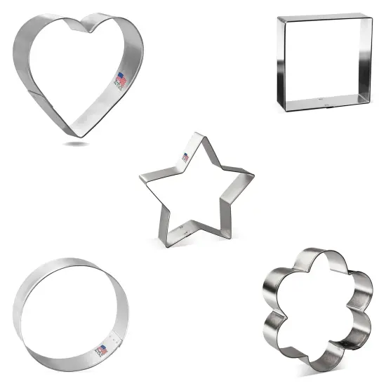 CookieCutter.com Basic General Cookie Cutter 5 Pc Set 3-3.75 in Heart Star Tin Plate Steel USA {4}