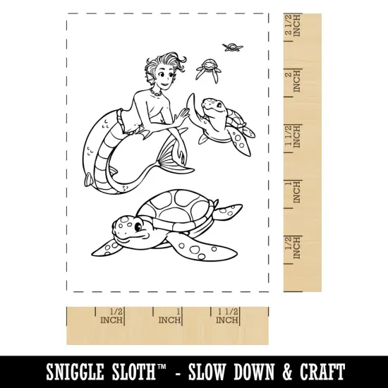 Mermaid Boy Giving High Fives to Sea Turtles Rectangle Rubber Stamp for Stamping Crafting {1}