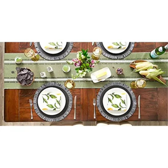 DII Olive Green Dobby Striped Fringe Ribbed Table Runner 14x108 {5}