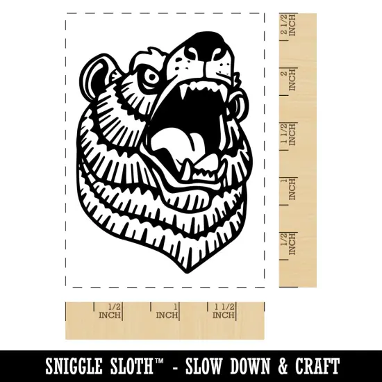 Snarling Angry Bear Head Rectangle Rubber Stamp for Stamping Crafting {1}