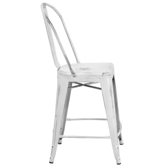 Merrick Lane Sabine Metal Indoor-Outdoor Counter Stool with Vertical Slat Back and Integrated Footrest White {5}
