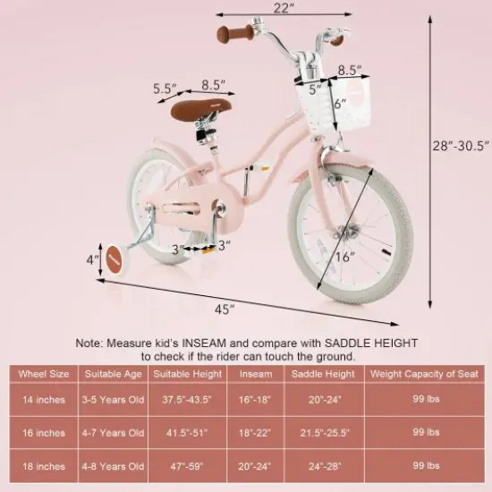 16 Inch Kids Adjustable Bike with Cute Basket for Storage and 2 Training Wheels Pink {2}