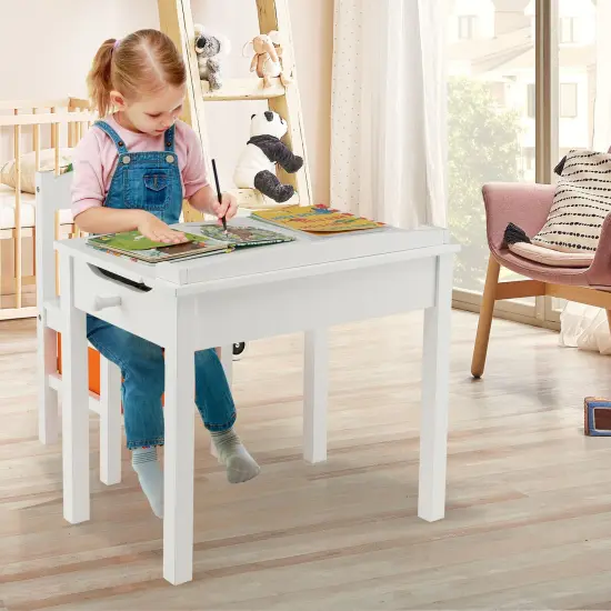 Wood Activity Kids Table and Chair Set with Flip Top Design and Pull-out Drawer White {5}