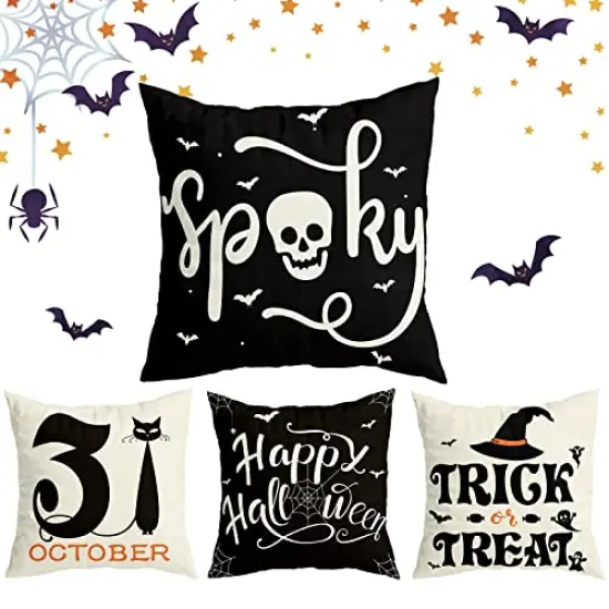 RioGree Halloween Decorations Pillow Covers 20x20 Set of 4 for Halloween Decor Indoor Outdoor, Party Supplies Farmhouse Home Decor Throw Pillows Cover Spider Web Cat Skull Decorative Cushion Case {5}