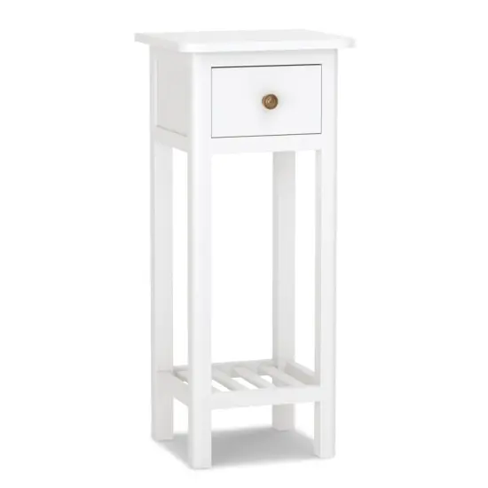 2 Tier Slim Rectangular Bedside Table Nightstand with Open Shelf and Small Drawer White {1}