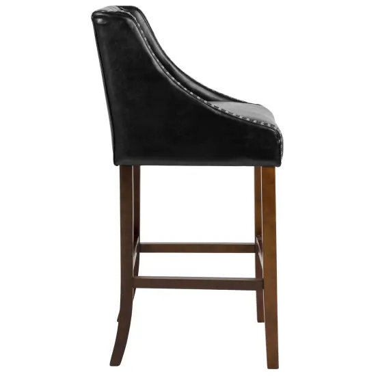 Merrick Lane Hadleigh Upholstered Barstool 30" High Transitional Tufted Barstool with Accent Nail Trim Black LeatherSoft {5}