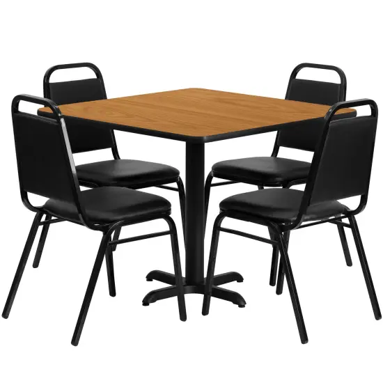 Emma and Oliver 36" Square Laminate X-Base Table Set with 4 Banquet Chairs MahoganyTop/BlackVYL {3}