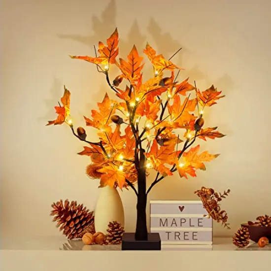 24-inch Fall Lighted Maple Tree with Acorns, 24 LED Lights, Battery Operated Thanksgiving Table Centerpieces Decoration Artificial Tree for Home Desktop Fireplace Autumn Harvest Tabletop Indoor Decor {2}