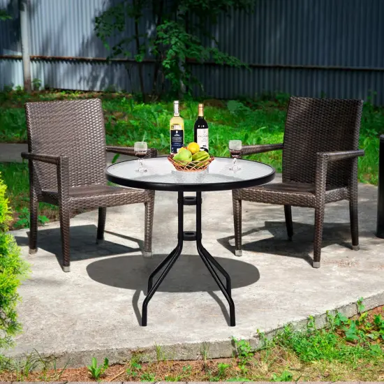 32 Inch Outdoor Patio Round Tempered Glass Top Table with Umbrella Hole {3}