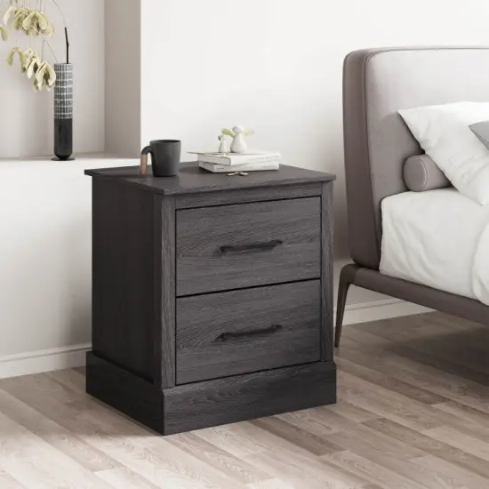 Wood Compact Floor Nightstand with Storage Drawers-Dark grey {2}