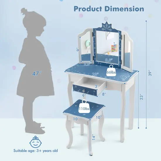 Princess Vanity Table and Chair Set with Tri-Folding Mirror and Snowflake Print-Blue {5}