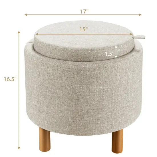 Round Storage Ottoman with Tray Top Accent Padded Footrest Beige {4}