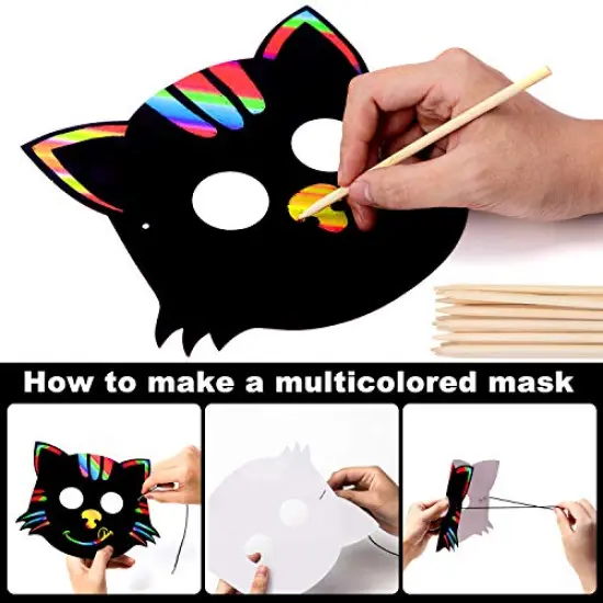 52 Pieces- Halloween Mask Craft Kit for Kids,Kids Magic Scratch Paper Animal Masks, DIY Rainbow Scratch Art Masks for Halloween and Animal Birthday Party {5}