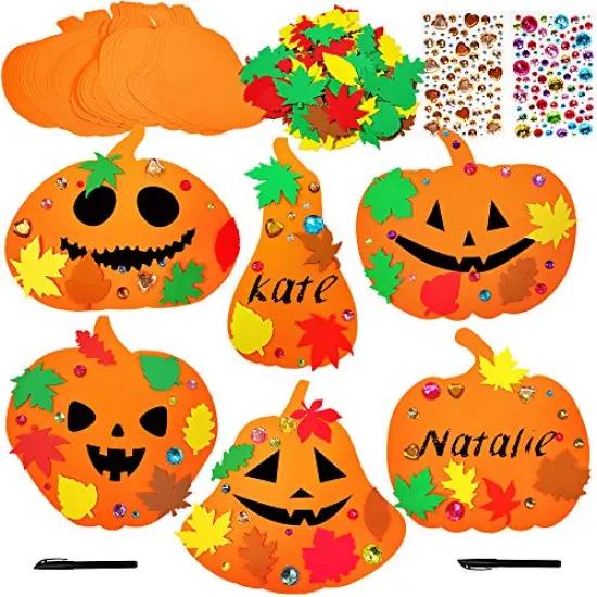 30 Kits Foam Halloween Pumpkin Decorations DIY Pumpkin Craft Kits Assorted Foam Pumpkin Shapes with Fall Maple Leaves Rhinestone Stickers for Kids Crafts Fall Thanksgiving Halloween Decoration {1}