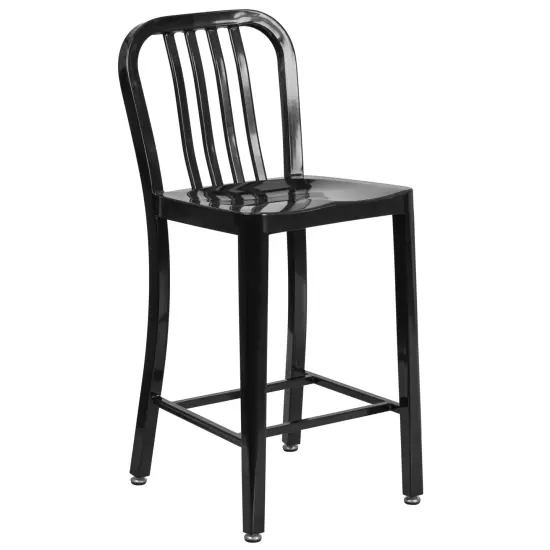 Merrick Lane Santorini Galvanized Steel Indoor/Outdoor Counter Bar Stool With Slatted Back And Powder Coated Finish Black {1}