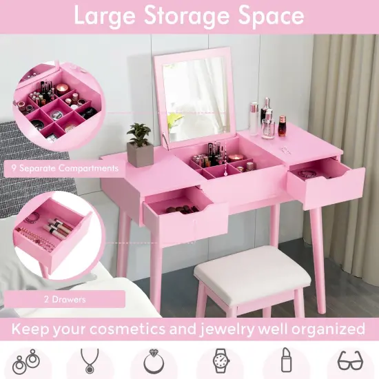 Makeup Vanity Table Set with Flip Top Mirror and 2 Drawers {1}