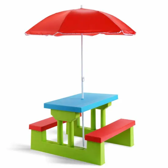 Kids Picnic Folding Table and Bench Set with Umbrella Green {1}