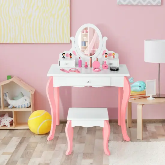Kids Vanity Princess Makeup Dressing Table Stool Set with Mirror and Drawer White {3}