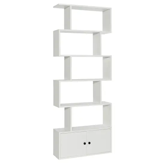 Engineered Wood S-Shaped Bookshelf with Cabinet and Doors White {1}