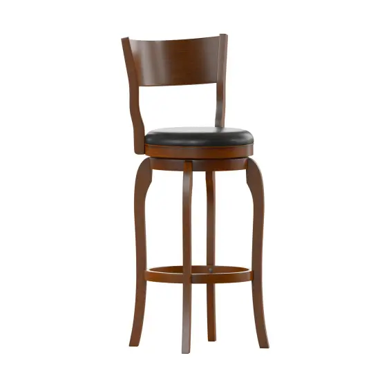 Merrick Lane Tally 30" Classic Wooden Open Back Swivel Bar Height Pub Stool with Upholstered Padded Seat and Integrated Footrest Espresso/Black {6}