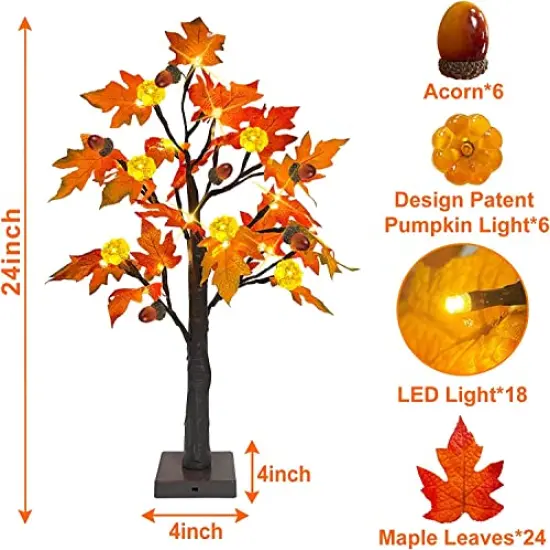 2 Pack & Timer 24 Inch Lighted Maple Tree Fall Decor, Total 48 LED Battery Operated Tabletop Artificial Tree Design Patent Pumpkin & Acorn Thanksgiving Halloween Decoration Home Indoor {5}