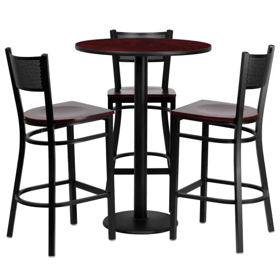 Emma and Oliver 30" Round Laminate Table Set with 3 Grid Back Metal Barstools Mahogany {1}