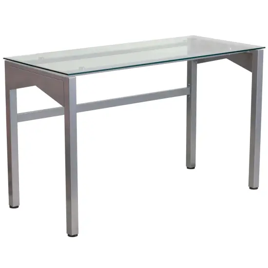 Emma and Oliver Contemporary Clear Tempered Glass Desk with Geometric Sides and Silver Frame Clear/Silver {1}