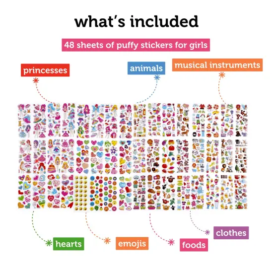 Incraftables Puffy Stickers for Girls (48 Sheets). Self Adhesive Puffy Stickers for Toddlers w/ Hearts, Animals, Princesses, Cloths, Food, Emojis & More. Bulk Reusable 3D Stickers for Girls. {3}