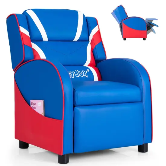 Kids Adjustable Recliner Chair with 2 Side Storage Pockets Ideal for Children Room or Home Theater Blue {1}