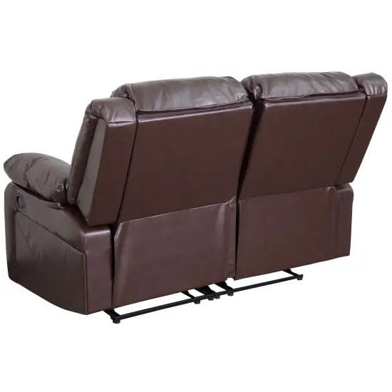 Emma and Oliver Bustle Back Loveseat with Two Built-In Recliners Brown LeatherSoft {4}