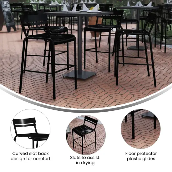 Emma and Oliver Rennes Armless Powder Coated Steel Stool with 2 Slat Back for Indoor-Outdoor Use Black {2}