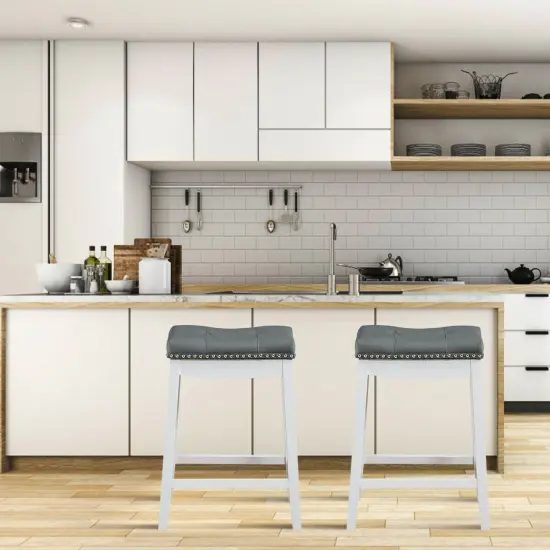 Set of 2 Backless Bar Stools with Nail head Padded Saddle Seat and Rubber Wood Legs Grey {6}