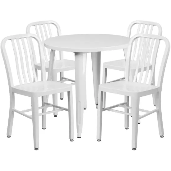 Emma and Oliver Commercial Grade 30" Round Metal Indoor-Outdoor Table Set & 4 Slat Back Chairs White {1}