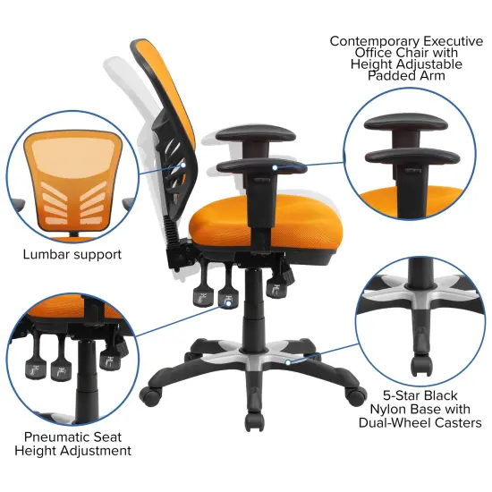 Emma and Oliver Mid-Back Mesh Triple Paddle Swivel Ergonomic Office Chair with Adjustable Arms Orange {2}