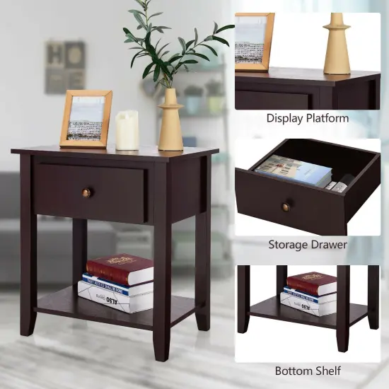 Nightstand with Drawer and Storage Shelf for Bedroom Living Room Dark Brown {5}