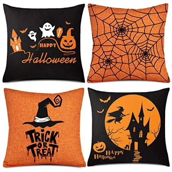 Whaline 4 Pieces Halloween Pillow Case, Orange and Black Pillow Cover, Happy Halloween Linen Sofa Bed Throw Cushion Cover Decoration (18" x 18") {1}