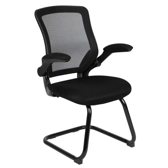 Emma and Oliver Mesh Sled Base Side Reception Chair with Flip-Up Arms Black Mesh {1}
