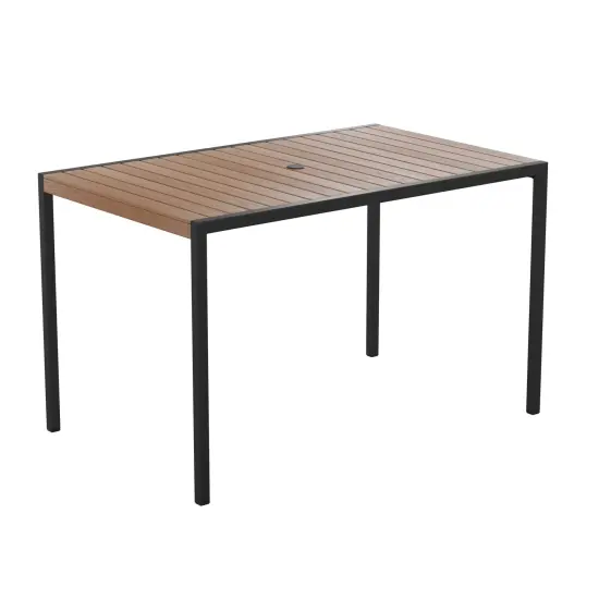 Merrick Lane Outdoor Dining Table with Faux Teak Poly Slat Top and Powder Coated Steel Frame {1}