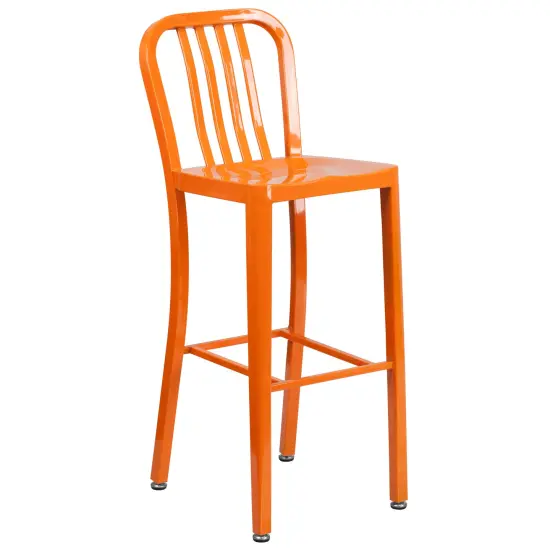 Emma and Oliver Commercial 30" Round Metal Indoor-Outdoor Bar Table Set & 2 Slat Back Stools Orange {4}
