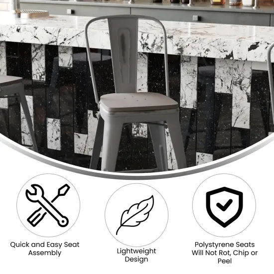 Emma and Oliver Grant Clear Coated Metal Stool with Backrest and Polyresin Seat for Indoor Use Only Clear Coated/Gray {2}