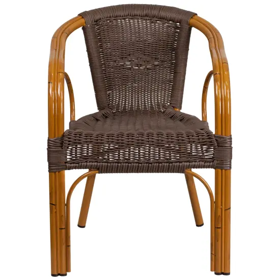 Merrick Lane Esna Series Stacking Rattan Patio Chair with Bamboo Look Aluminum Frame and Integrated Arms DarkBrown/RedBamboo {3}