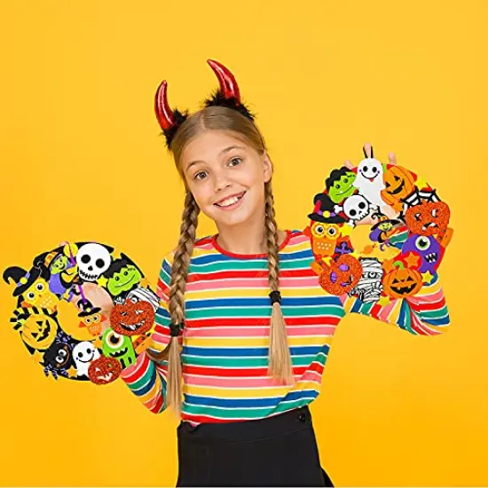 Winlyn 12 Sets Halloween Wreath Decorations Foam Halloween Wreath Signs Craft Kits Pumpkins Jack-O`-Lantern Owl Ghost Witch Bats Monster Stickers for Kids Art Gift Favors Trick-Or-Treaters Front Door {5}
