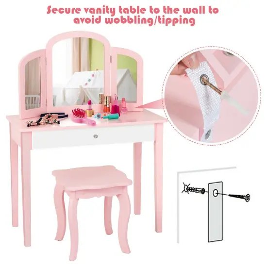 Kids Princess Make Up Dressing Table with Tri-folding Mirror and Chair Pink {5}