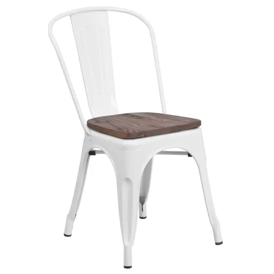Merrick Lane Amsterdam Series Dining Chair - Blue Metal Frame - Textured Wooden Seat - Slatted, Curved Back White {1}